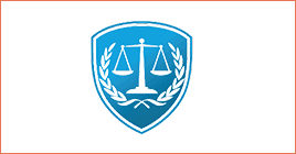 A blue shield with a white scale and laurel wreath.