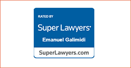 A blue badge with the words " rated by super lawyers " and " emanuel galimidi superlawyers. Com ".