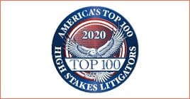 A blue and white badge with the words america 's top 1 0 0 high stakes litigators.