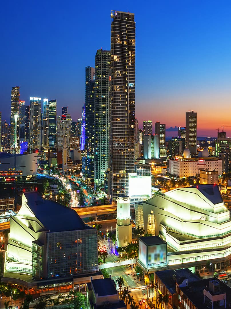 A view of the city skyline at night.